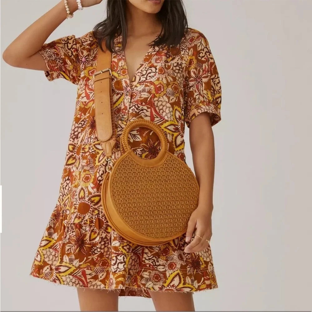 NWT PILCRO Boho Fall Colorful Puff Sleeve Cotton Linen Blend Tunic Dress